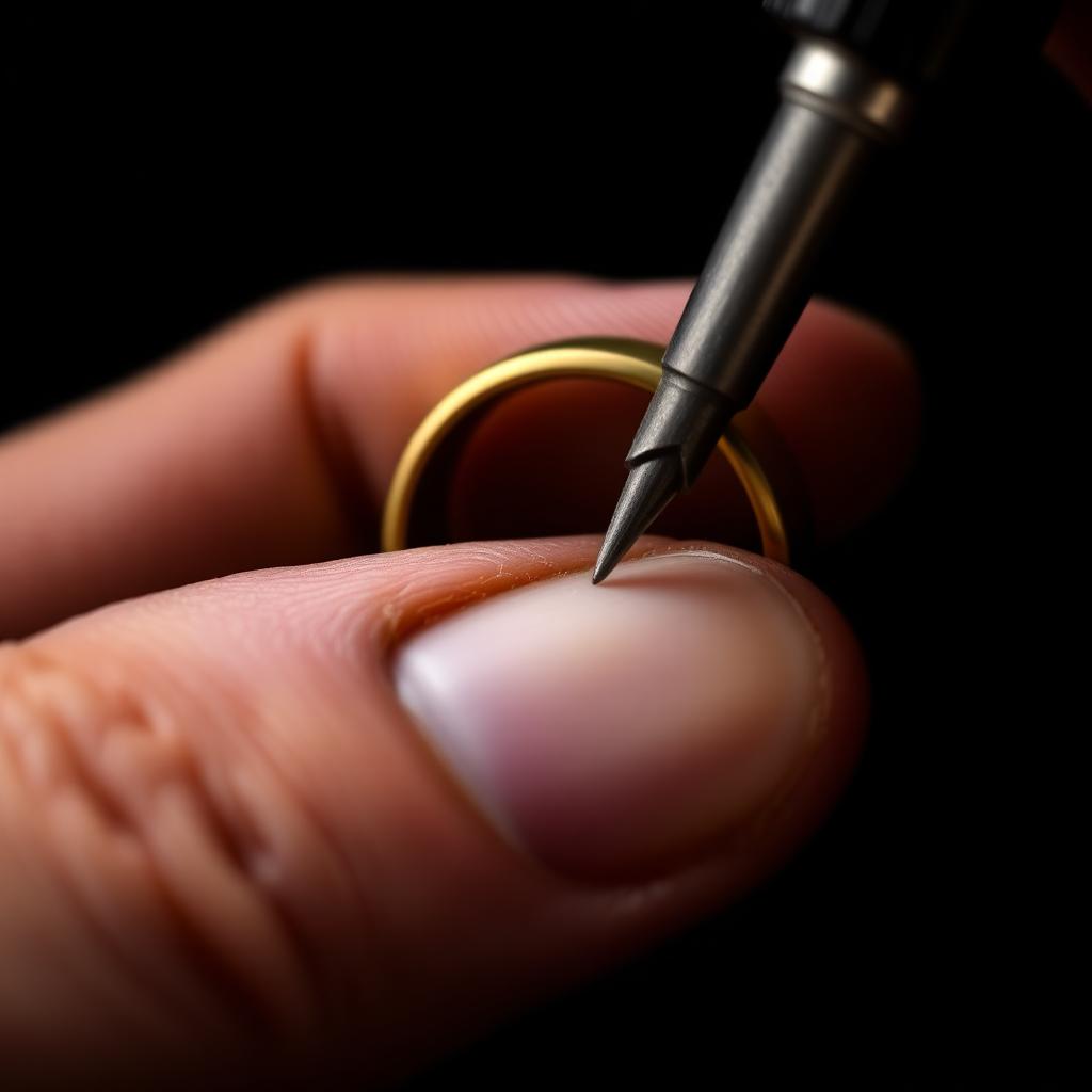 Hand engraving fine detail onto a gold signet ring